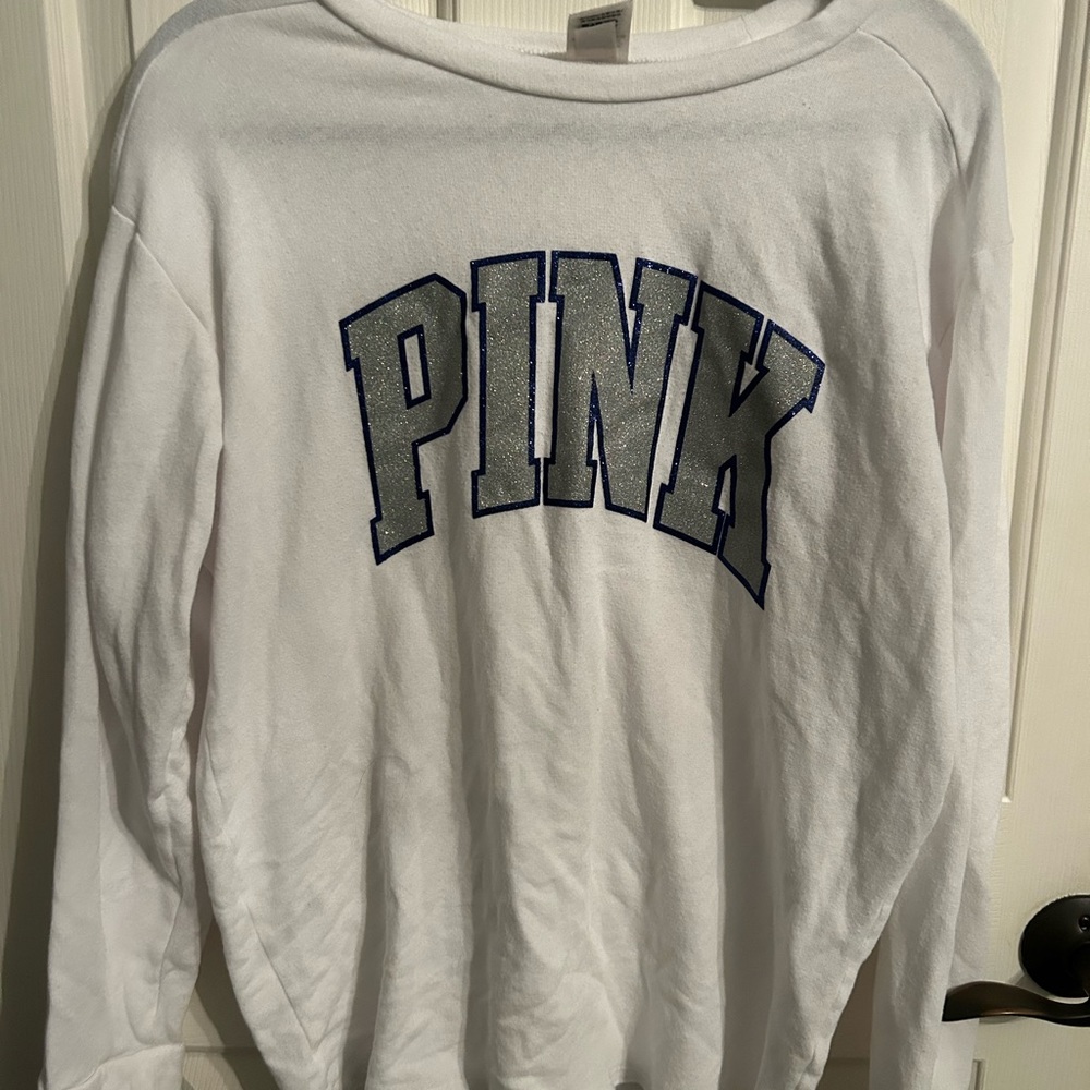 PINK small white with blue outline sweatshirt